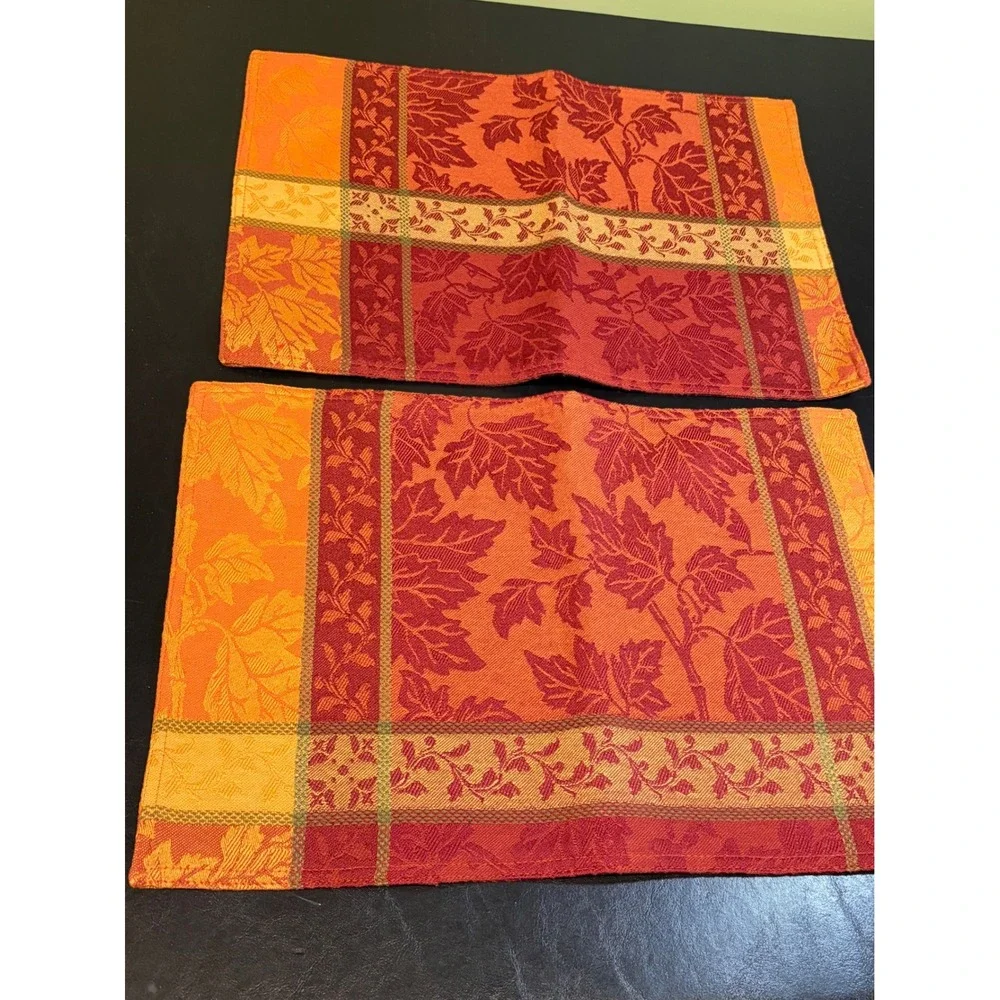 Bardwil Linens Montvale Placemats Set of 2 Fall Autumn Leaf Gold Red 13x19 NEW